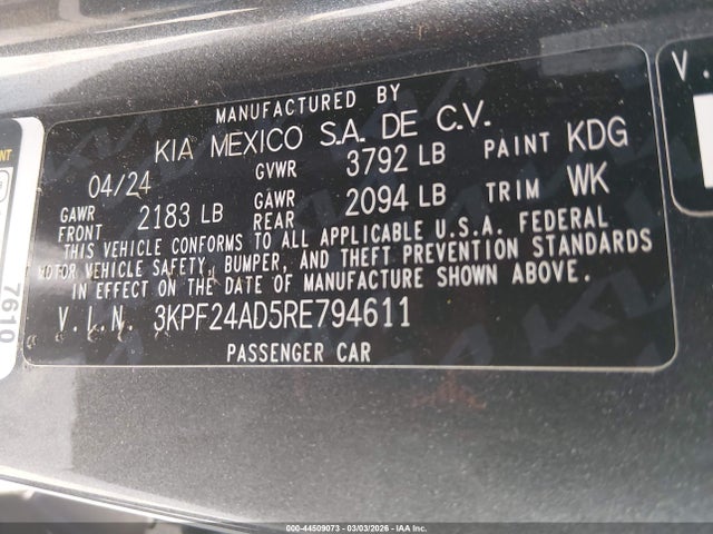 Продаж на аукціоні авто 2024 Kia Forte Lxs, vin: 3KPF24AD5RE794611, номер лоту: 44509073