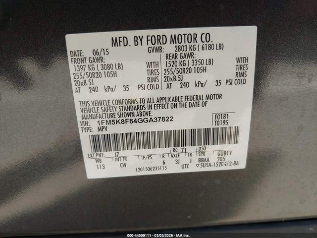 1FM5K8F84GGA37822 Ford Explorer Limited