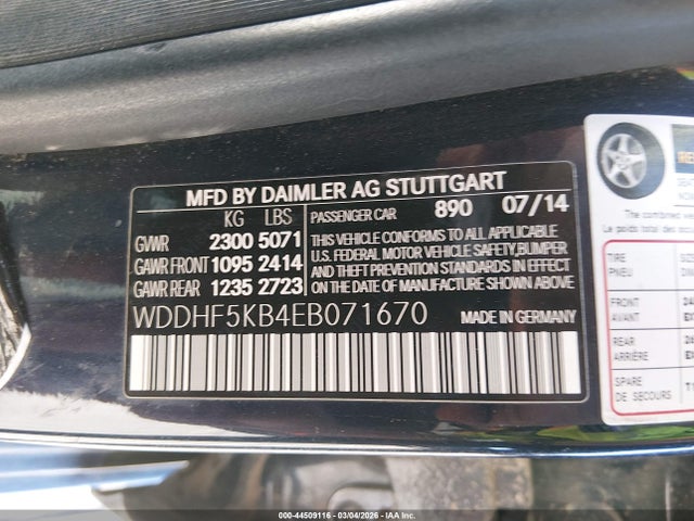 44509116 :رقم المزاد ، WDDHF5KB4EB071670 vin ، 2014 Mercedes-benz E 350 مزاد بيع