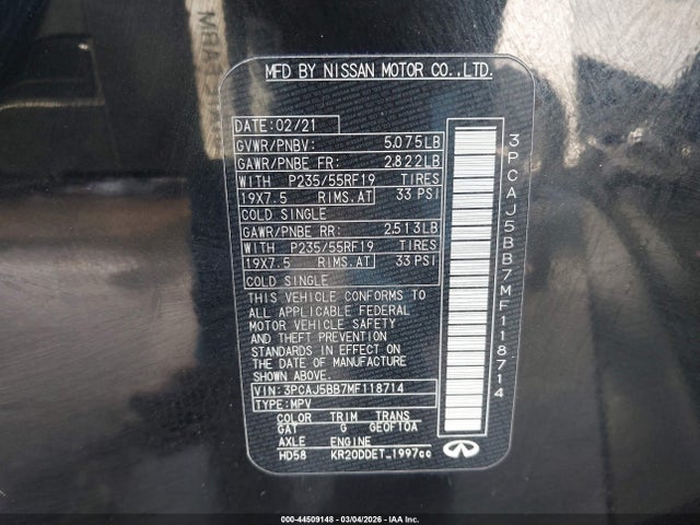 Aukcja sprzedaży 2021 Infiniti Qx50 Luxe Awd, vin: 3PCAJ5BB7MF118714, numer aukcji: 44509148