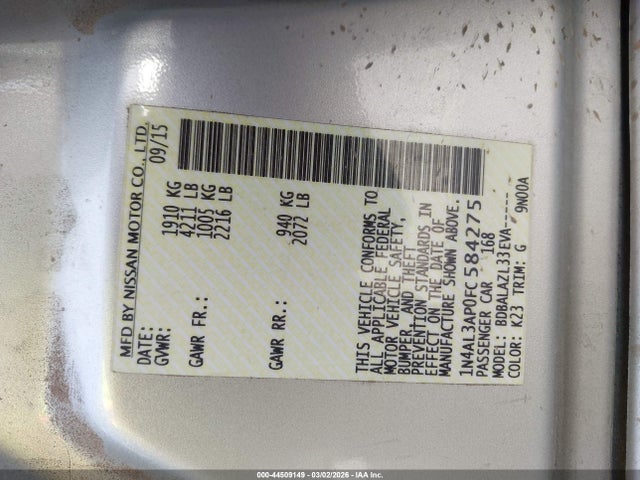 1N4AL3AP0FC584275 Nissan ALTIMA 2.5