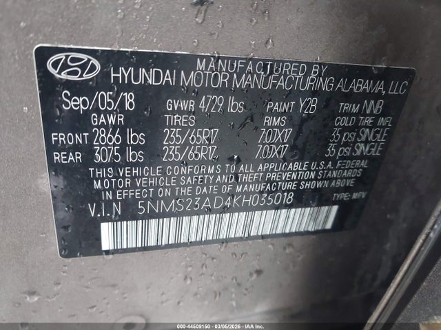 Aukcja sprzedaży 2019 Hyundai Santa Fe Se, vin: 5NMS23AD4KH035018, numer aukcji: 44509150