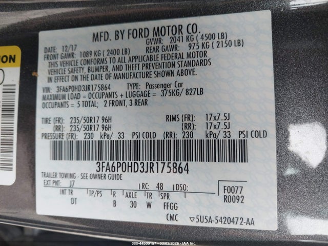 44509157 :رقم المزاد ، 3FA6P0HD3JR175864 vin ، 2018 Ford Fusion Se مزاد بيع