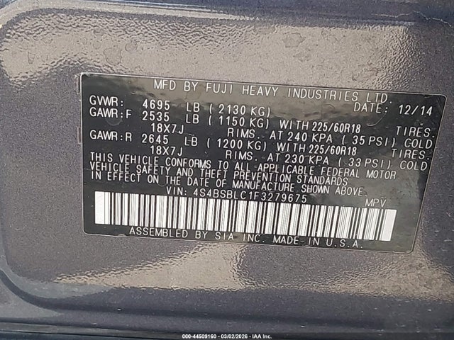 2015 Subaru Outback 2.5i Limited მანქანა იყიდება აუქციონზე, vin: 4S4BSBLC1F3279675, აუქციონის ნომერი: 44509160