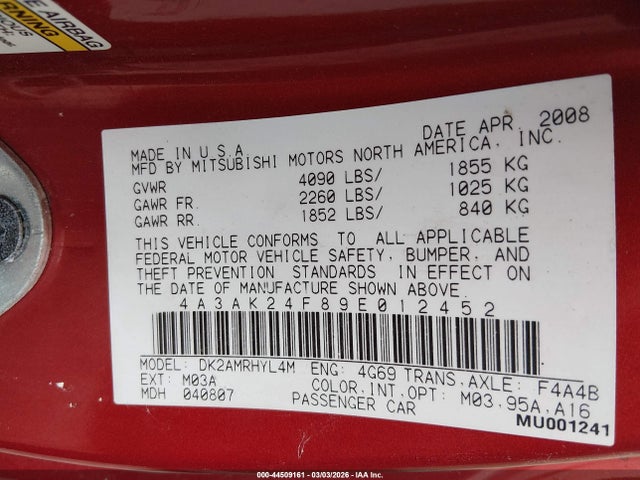 44509161 :رقم المزاد ، 4A3AK24F89E012452 vin ، 2009 Mitsubishi Eclipse Gs مزاد بيع
