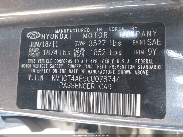 2012 Hyundai Accent Gls მანქანა იყიდება აუქციონზე, vin: KMHCT4AE9CU078744, აუქციონის ნომერი: 44509167