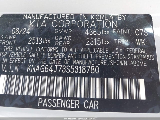 2025 Kia K5 Gt-line მანქანა იყიდება აუქციონზე, vin: KNAG64J73S5318780, აუქციონის ნომერი: 44509169