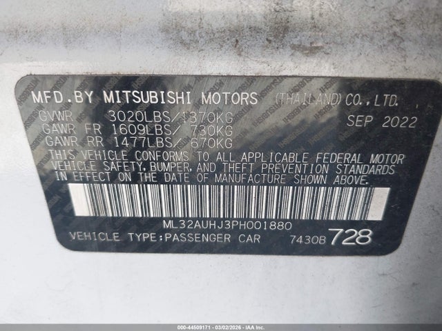 2023 Mitsubishi Mirage Es/le მანქანა იყიდება აუქციონზე, vin: ML32AUHJ3PH001880, აუქციონის ნომერი: 44509171
