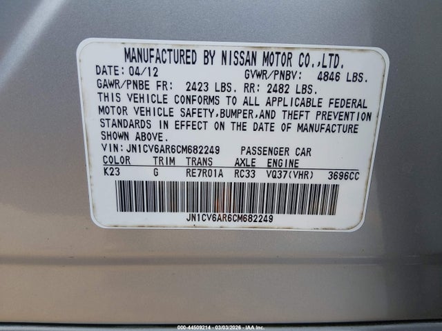 2012 Infiniti G37x მანქანა იყიდება აუქციონზე, vin: JN1CV6AR6CM682249, აუქციონის ნომერი: 44509214