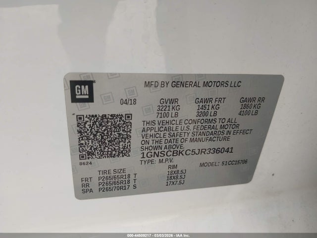 1GNSCBKC5JR336041 Chevrolet Tahoe Lt