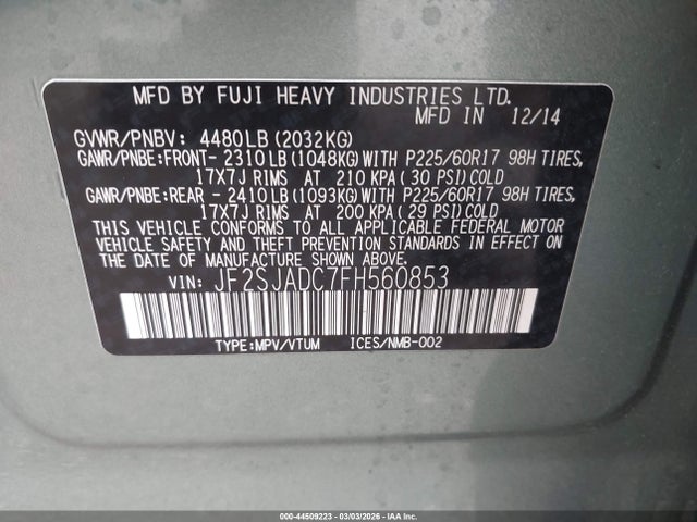 Продаж на аукціоні авто 2015 Subaru Forester 2.5i Premium, vin: JF2SJADC7FH560853, номер лоту: 44509223
