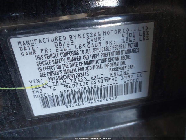 3N1AB8CV6NY292418 Nissan Sentra Sv Xtronic Cvt