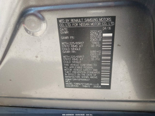 KNMAT2MV1GP688637 Nissan Rogue S/sl/sv