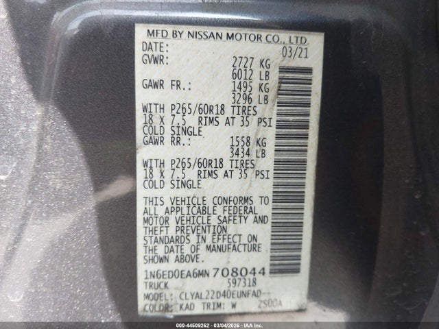 1N6ED0EA6MN708044 Nissan Frontier Sv 4x2