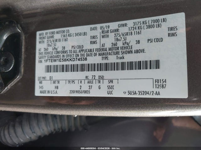 Ford F-150 Lariat 2019 1FTEW1E58KKD74538 Image 9