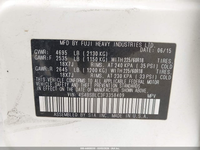 Aukcja sprzedaży 2015 Subaru Outback 2.5i Limited, vin: 4S4BSBLC3F3358409, numer aukcji: 44509330