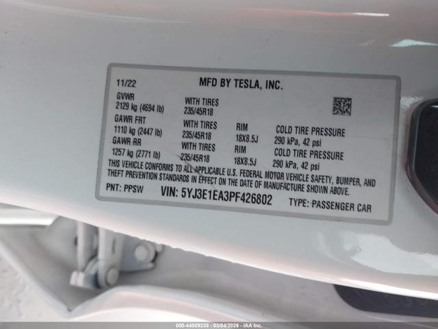 Aukcja sprzedaży 2023 Tesla Model 3 Rear-wheel Drive, vin: 5YJ3E1EA3PF426802, numer aukcji: 44509338
