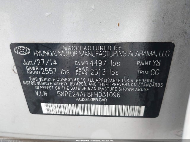 2015 Hyundai Sonata Se მანქანა იყიდება აუქციონზე, vin: 5NPE24AF8FH031096, აუქციონის ნომერი: 44509362