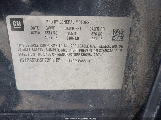 Продаж на аукціоні авто 2015 Chevrolet Cruze Ls Auto, vin: 1G1PA5SH5F7200165, номер лоту: 44509373