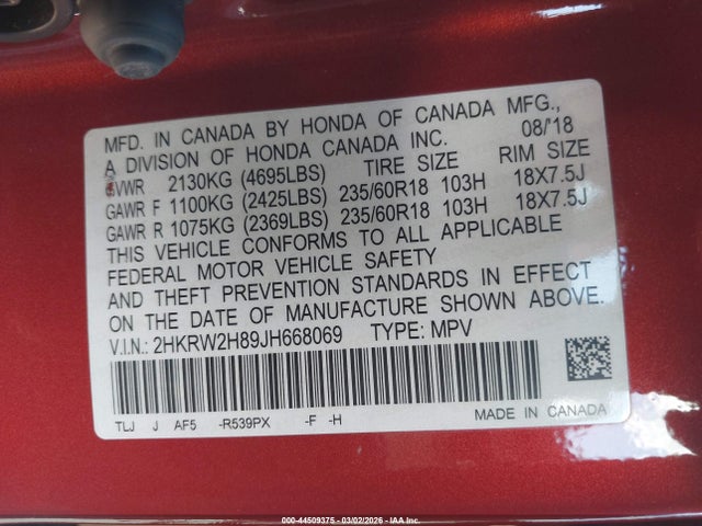 2HKRW2H89JH668069 Honda Cr-v Ex-l/ex-l Navi