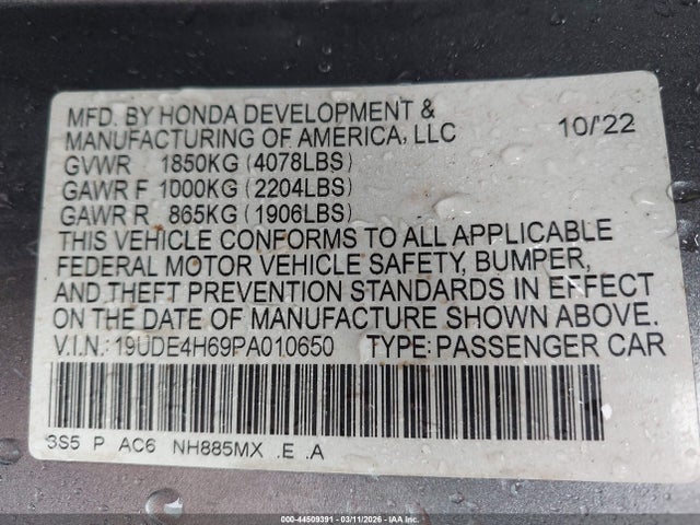 44509391 :رقم المزاد ، 19UDE4H69PA010650 vin ، 2023 Acura Integra A-spec Technology مزاد بيع