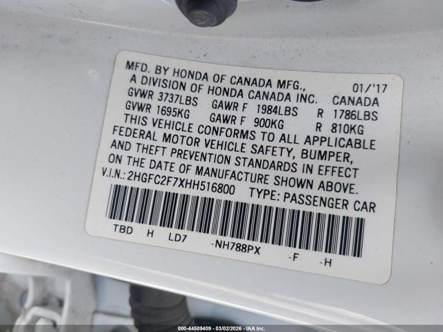 2017 Honda Civic Ex მანქანა იყიდება აუქციონზე, vin: 2HGFC2F7XHH516800, აუქციონის ნომერი: 44509409