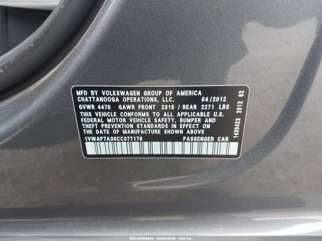 Продажа на аукционе авто 2012 Volkswagen Passat 2.5l S, vin: 1VWAP7A30CC077176, номер лота: 44509429