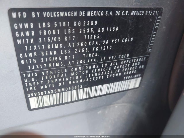 Aukcja sprzedaży 2021 Volkswagen Tiguan 2.0t Se/2.0t Se R-line Black/2.0t Sel, vin: 3VV3B7AX3MM058653, numer aukcji: 44509434