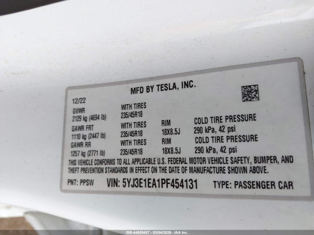Продаж на аукціоні авто 2023 Tesla Model 3 Rear-wheel Drive, vin: 5YJ3E1EA1PF454131, номер лоту: 44509457