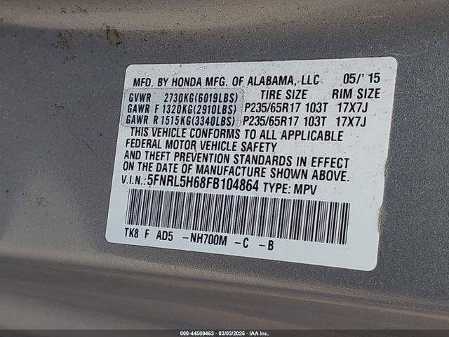 Honda Odyssey Ex-l 2015 5FNRL5H68FB104864 Image 9