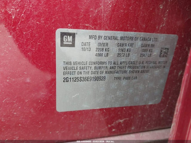 44509480 :رقم المزاد ، 2G1125S36E9190928 vin ، 2014 Chevrolet Impala 2lt مزاد بيع
