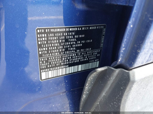 Продаж на аукціоні авто 2022 Volkswagen Taos 1.5t Se, vin: 3VVRX7B2XNM095649, номер лоту: 44509482