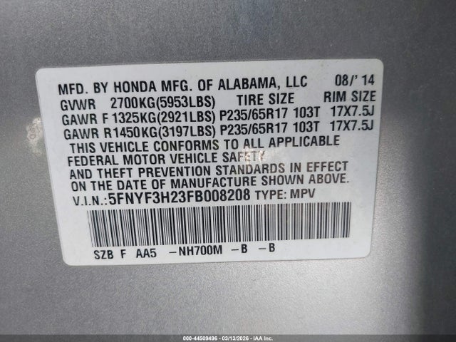 5FNYF3H23FB008208 Honda PILOT LX