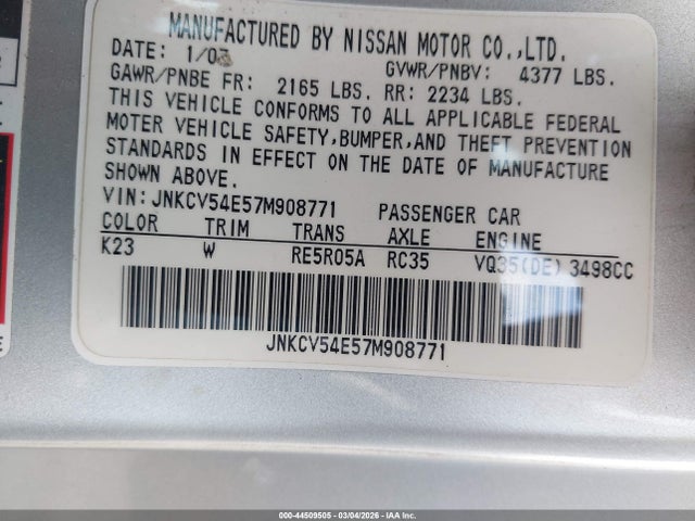 Продажа на аукционе авто 2007 Infiniti G35, vin: JNKCV54E57M908771, номер лота: 44509505