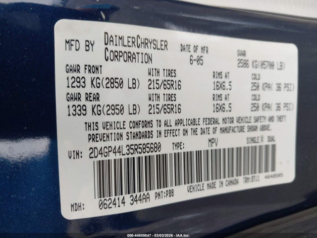Aukcja sprzedaży 2005 Dodge Grand Caravan Sxt, vin: 2D4GP44L35R585680, numer aukcji: 44509547