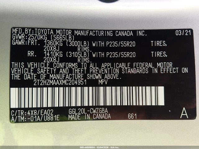 Продажа на аукционе авто 2021 Lexus Rx 350, vin: 2T2HZMAAXMC204951, номер лота: 44509554