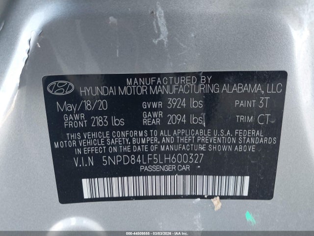 5NPD84LF5LH600327 Hyundai ELANTRA SEL