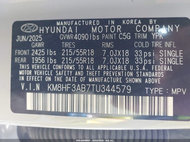 44509557 :رقم المزاد ، KM8HF3AB7TU344579 vin ، 2026 Hyundai Kona Sel Sport مزاد بيع