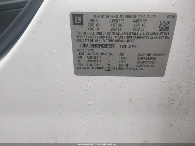 2015 Gmc Terrain Sle-2 მანქანა იყიდება აუქციონზე, vin: 2GKALREK2F6297383, აუქციონის ნომერი: 44509558