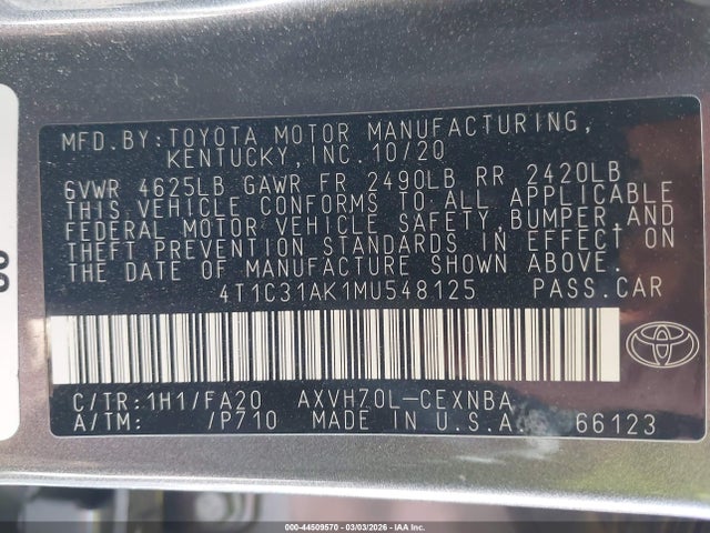 2021 TOYOTA CAMRY 4T1C31AK1MU548125 Photo 8
