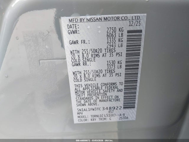 44509572 :رقم المزاد ، 5N1AL1FW3TC348922 vin ، 2026 Infiniti Qx60 Sport Awd مزاد بيع