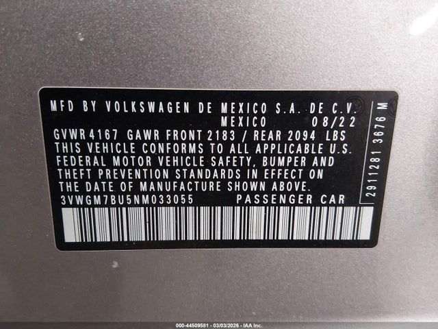 Aukcja sprzedaży 2022 Volkswagen Jetta 1.5t Sel, vin: 3VWGM7BU5NM033055, numer aukcji: 44509581