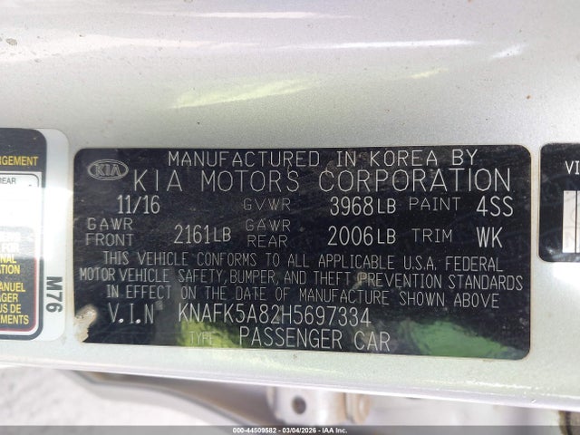 KNAFK5A82H5697334 KIA FORTE LX