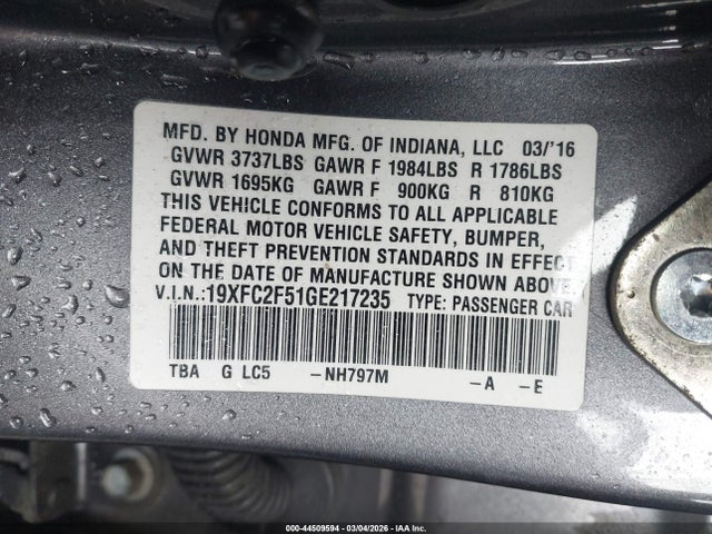 Продаж на аукціоні авто 2016 Honda Civic Lx, vin: 19XFC2F51GE217235, номер лоту: 44509594