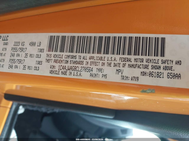 2012 Jeep Wrangler Sport მანქანა იყიდება აუქციონზე, vin: 1C4AJWAG8CL270564, აუქციონის ნომერი: 44509600
