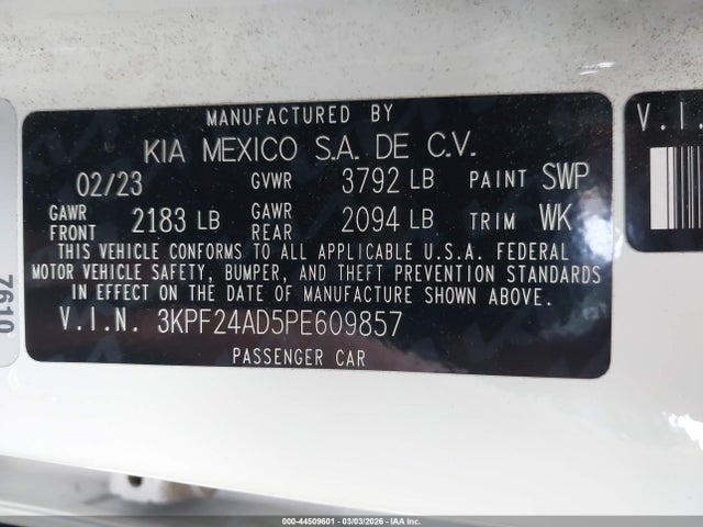 3KPF24AD5PE609857 KIA Forte Lxs