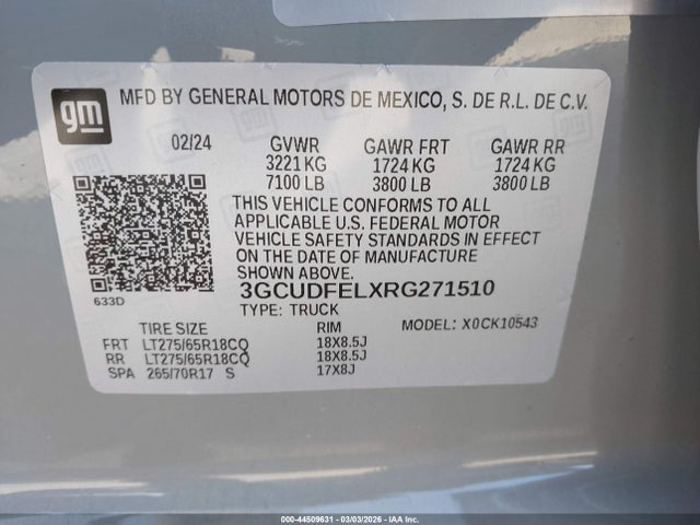 3GCUDFELXRG271510 Chevrolet Silverado 1500 4wd Short Bed Lt Trail Boss