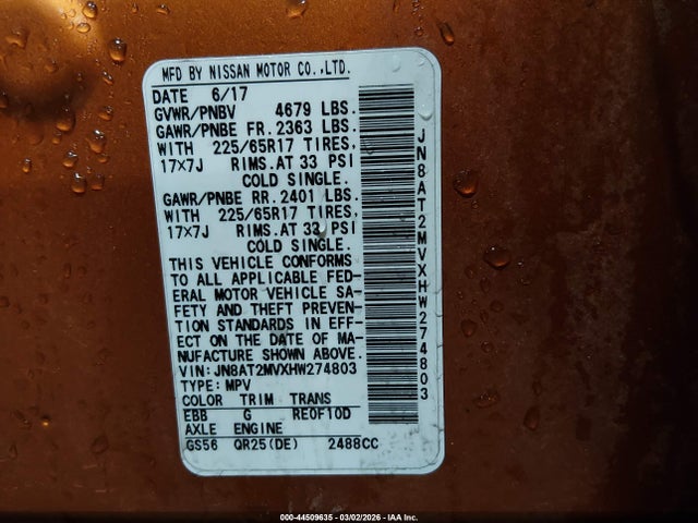 44509635 :رقم المزاد ، JN8AT2MVXHW274803 vin ، 2017 Nissan Rogue Sv مزاد بيع