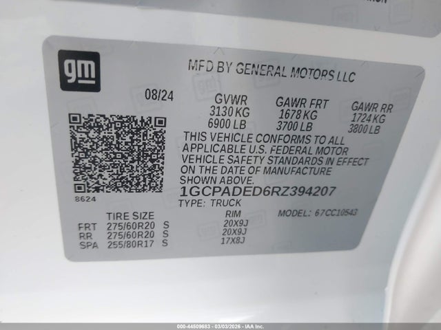 2024 Chevrolet Silverado 1500 2wd  Short Bed Rst მანქანა იყიდება აუქციონზე, vin: 1GCPADED6RZ394207, აუქციონის ნომერი: 44509683