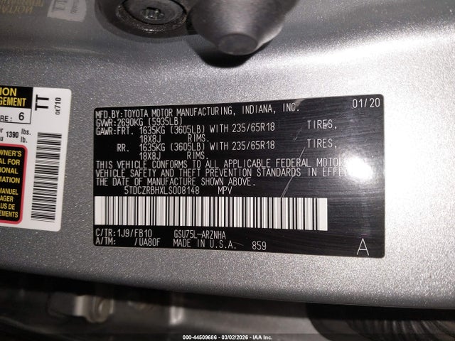 5TDCZRBHXLS008148 Toyota Highlander L